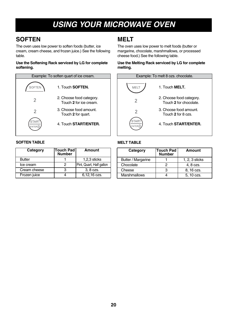 Using your microwave oven, Soften, Melt | LG LMVM2075ST User Manual | Page 20 / 36