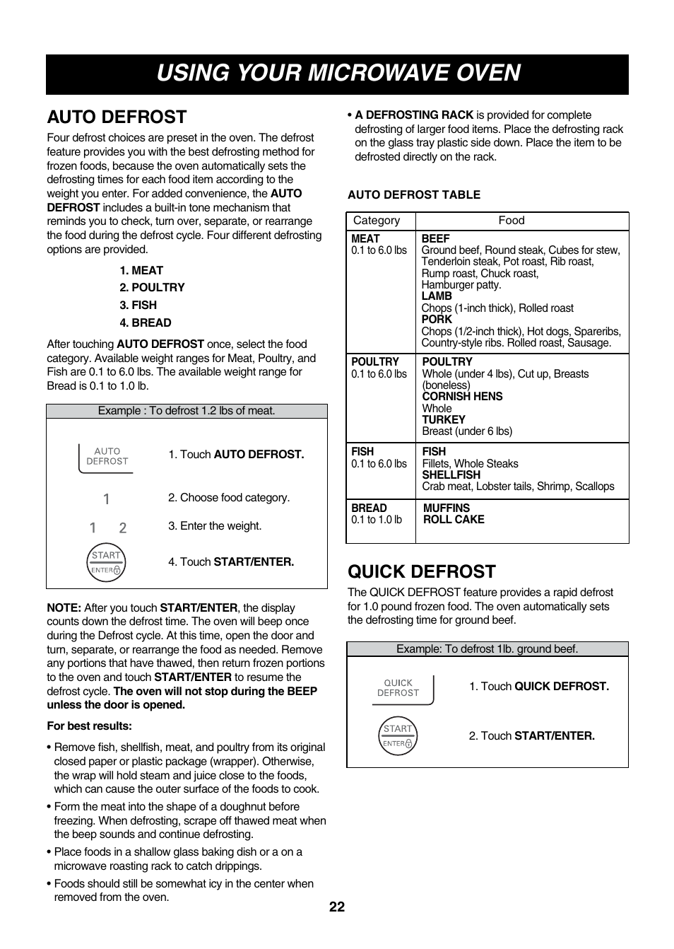 Using your microwave oven, Auto defrost, Quick defrost | LG LMVM2075ST User Manual | Page 22 / 36