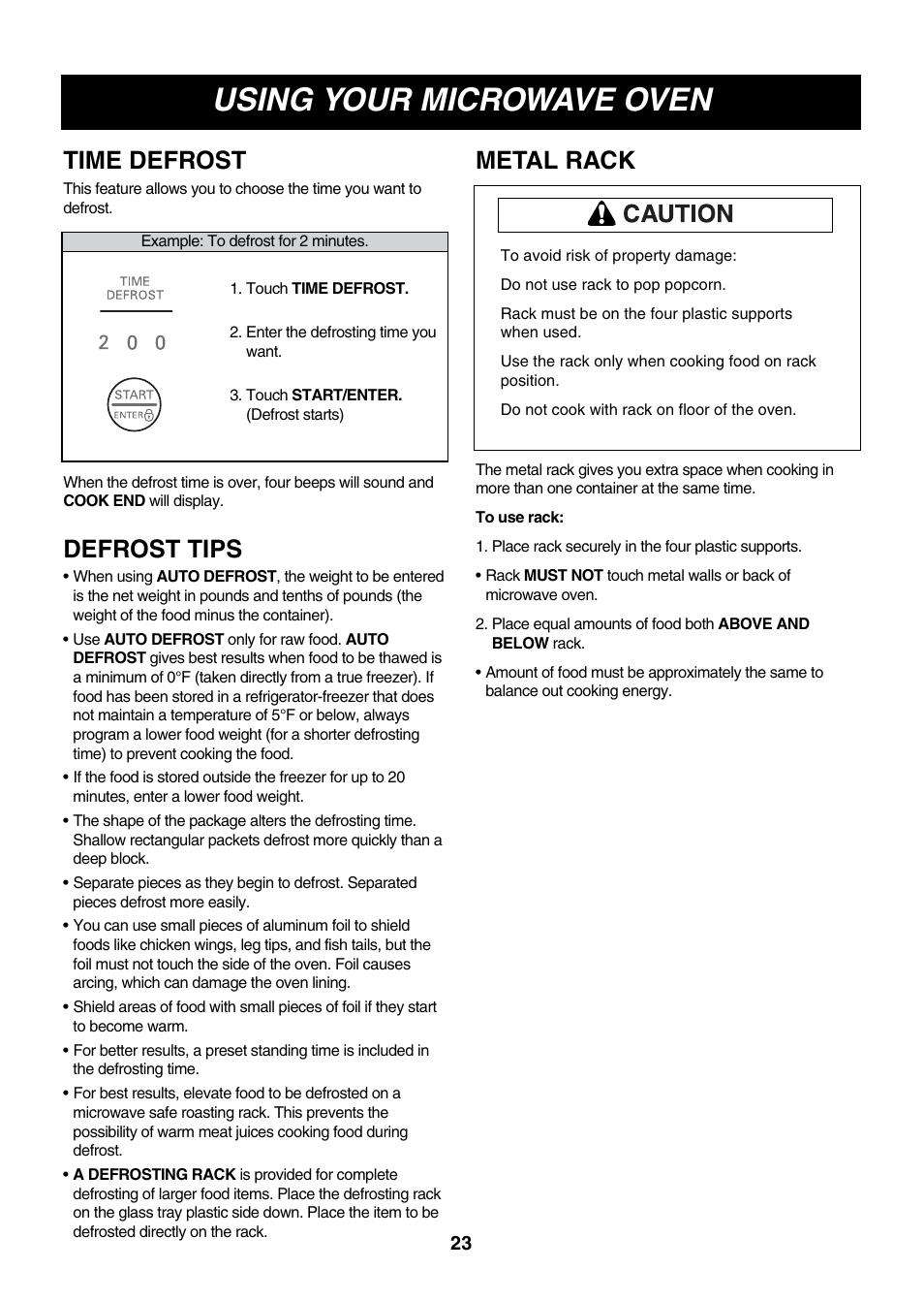 Using your microwave oven, Time defrost metal rack, Defrost tips | LG LMVM2075ST User Manual | Page 23 / 36