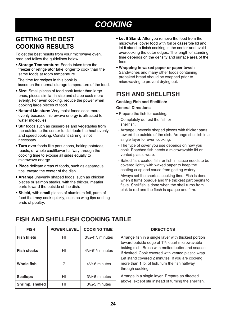 Cooking, Getting the best cooking results, Fish and shellfish | Fish and shellfish cooking table | LG LMVM2075ST User Manual | Page 24 / 36