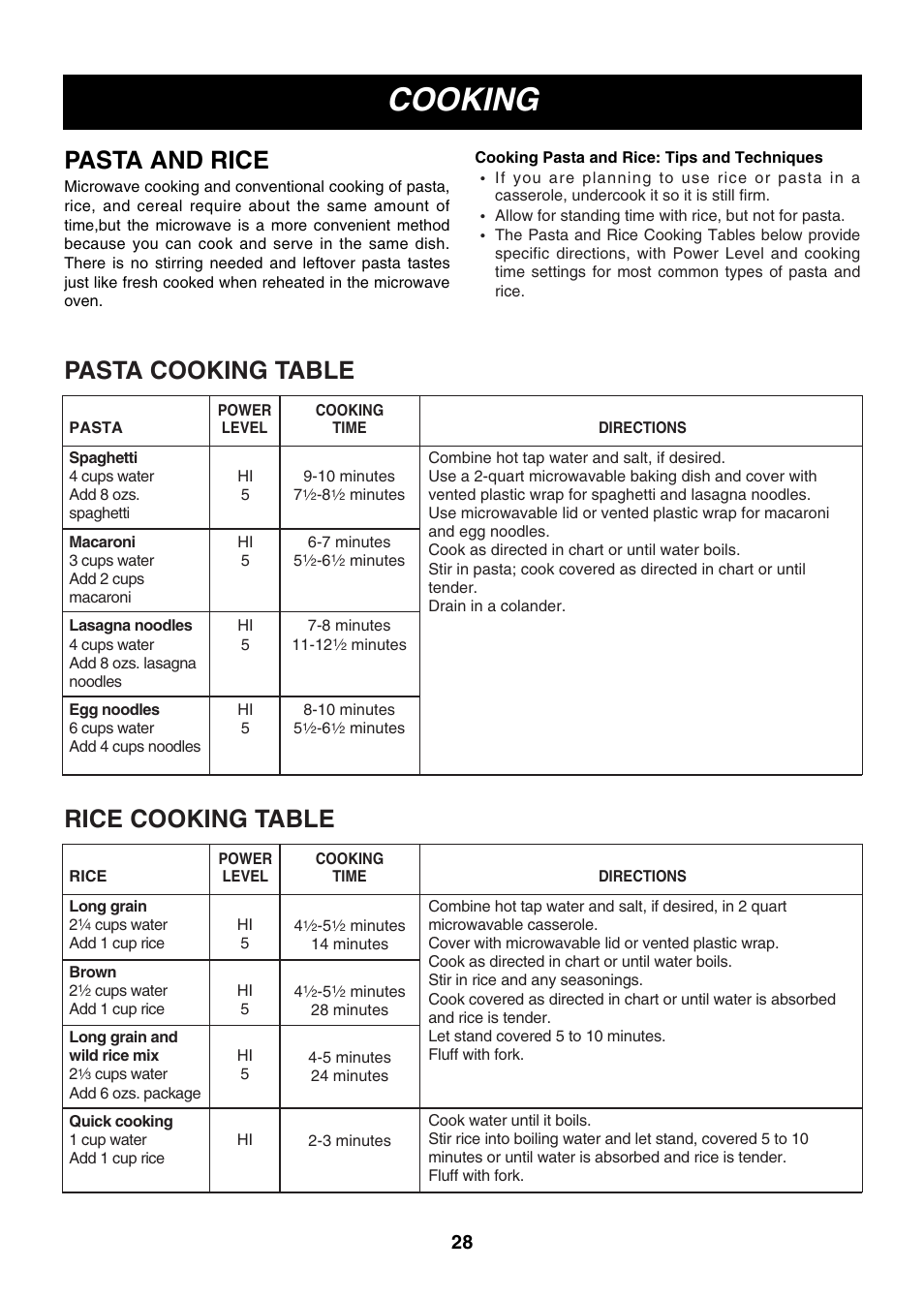 Cooking, Pasta and rice, Pasta cooking table | Rice cooking table | LG LMVM2075ST User Manual | Page 28 / 36