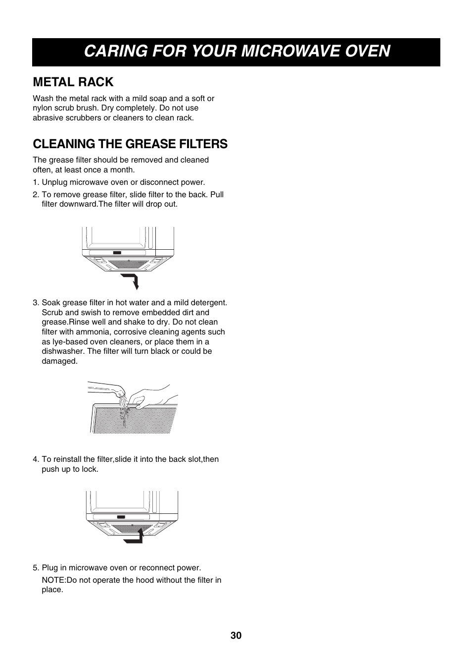 Caring for your microwave oven, Metal rack, Cleaning the grease filters | LG LMVM2075ST User Manual | Page 30 / 36