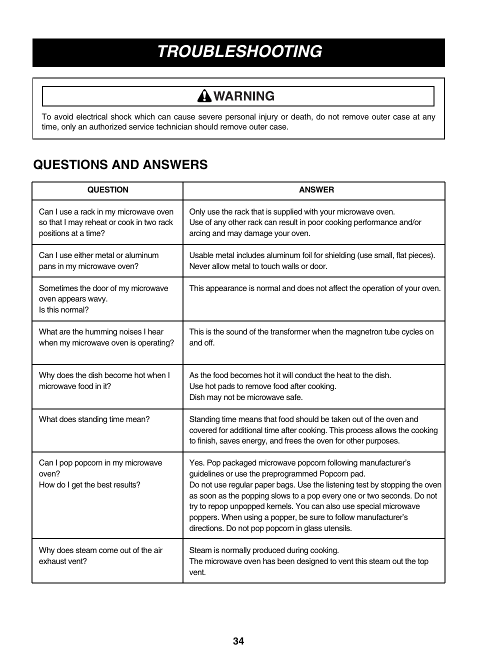 Troubleshooting, Questions and answers | LG LMVM2075ST User Manual | Page 34 / 36