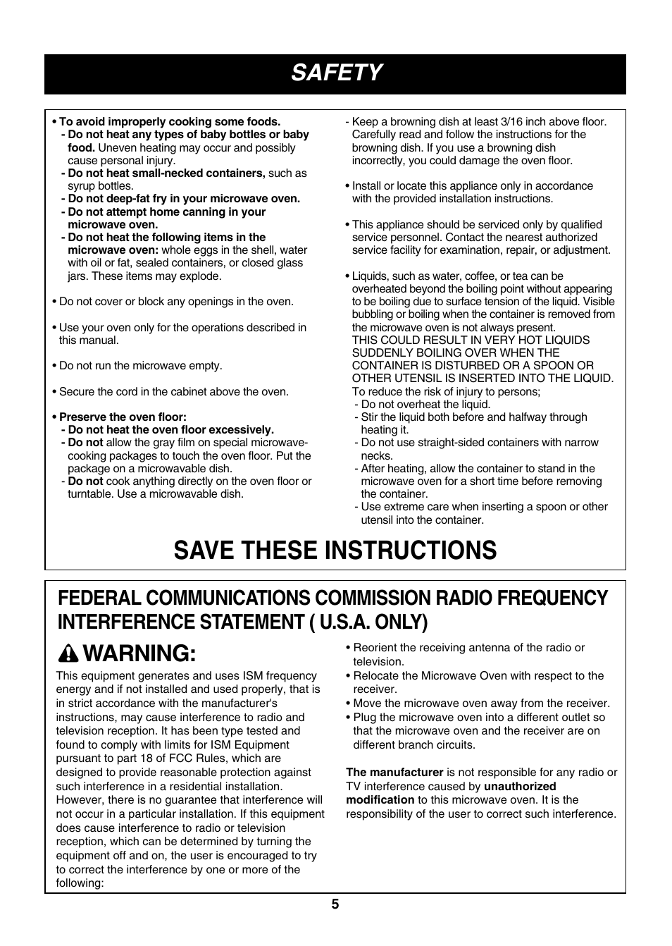 Save these instructions, Safety, Warning | LG LMVM2075ST User Manual | Page 5 / 36