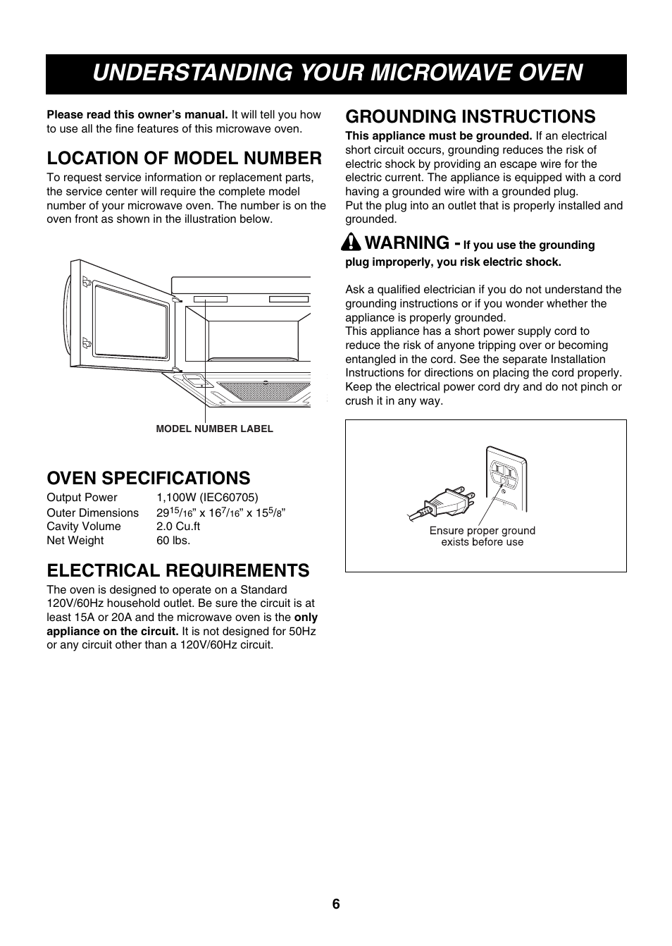 Understanding your microwave oven, Location of model number, Oven specifications | Electrical requirements, Grounding instructions, Warning | LG LMVM2075ST User Manual | Page 6 / 36