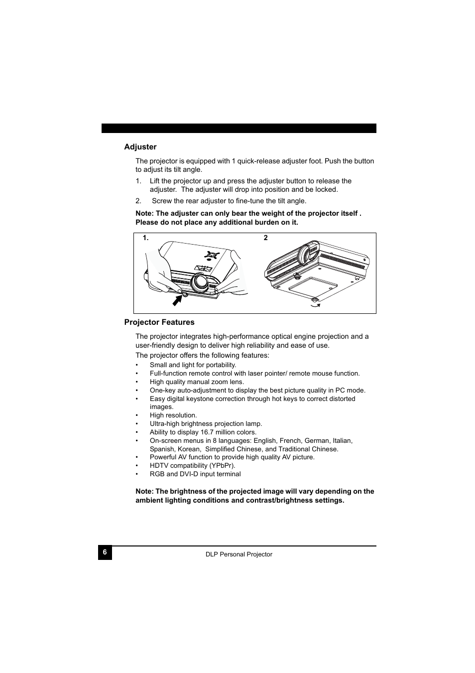 Adjuster, Projector features, Adjuster projector features | LG RDJT52 1024X768 XGA User Manual | Page 10 / 36