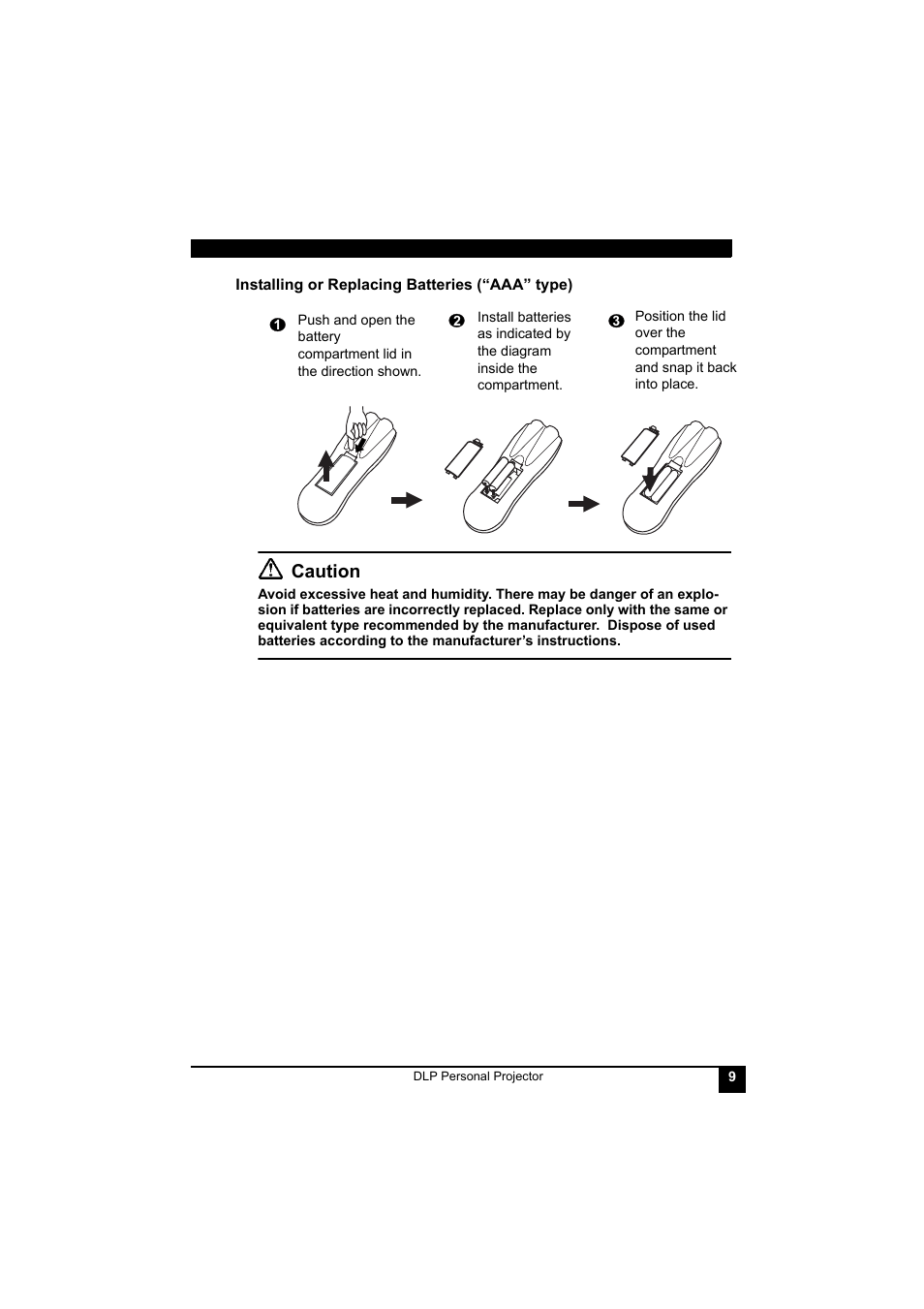 Installing or replacing batteries (“aaa” type), Caution | LG RDJT52 1024X768 XGA User Manual | Page 13 / 36