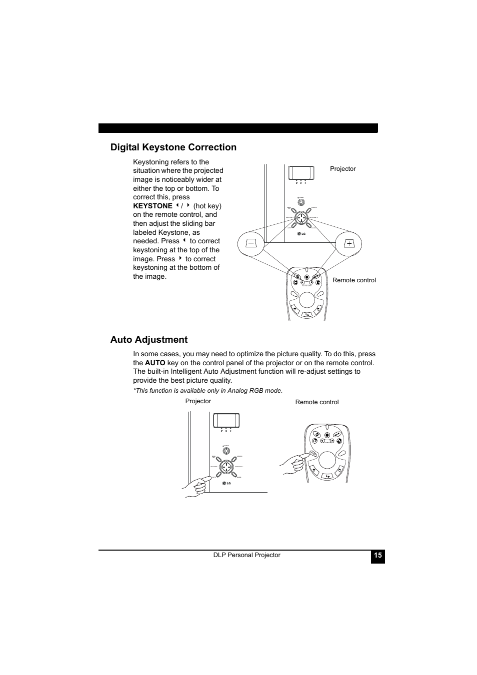 Digital keystone correction, Auto adjustment, Digital keystone correction auto adjustment | Exit | LG RDJT52 1024X768 XGA User Manual | Page 19 / 36