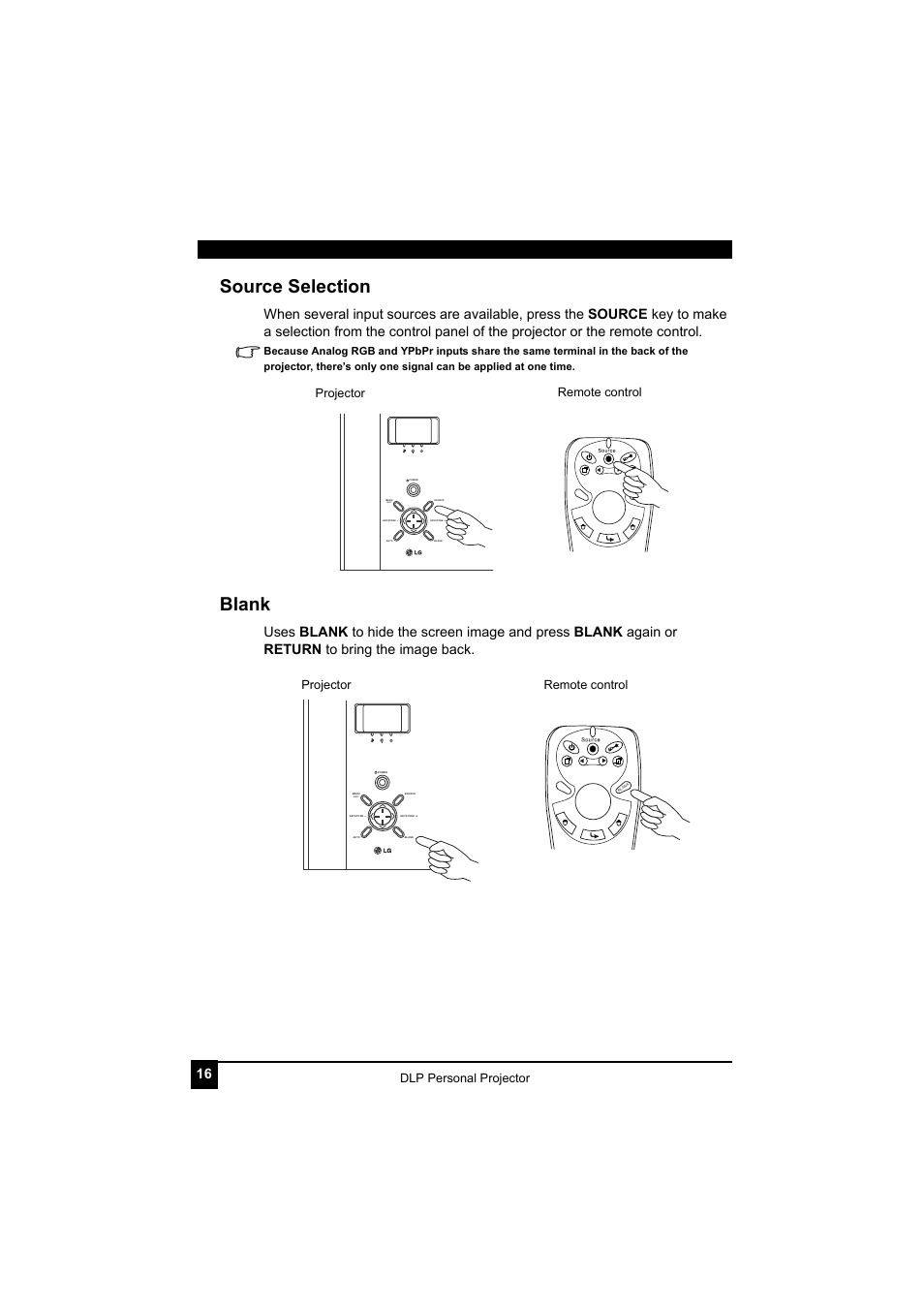 Source selection, Blank, Source selection blank | Exit, Dlp personal projector, Projector remote control | LG RDJT52 1024X768 XGA User Manual | Page 20 / 36