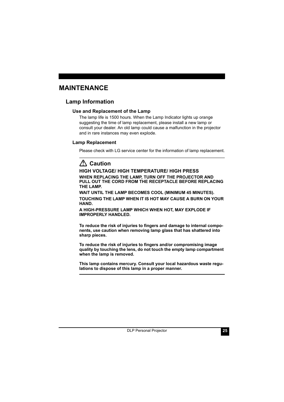 Maintenance, Lamp information, Use and replacement of the lamp | Lamp replacement, Use and replacement of the lamp lamp replacement, Caution | LG RDJT52 1024X768 XGA User Manual | Page 29 / 36