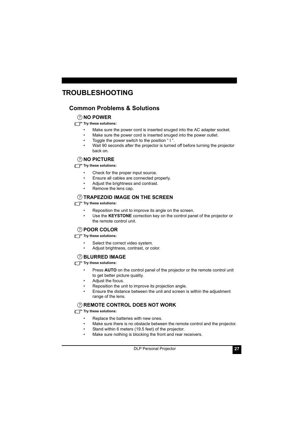Troubleshooting, Common problems & solutions | LG RDJT52 1024X768 XGA User Manual | Page 31 / 36