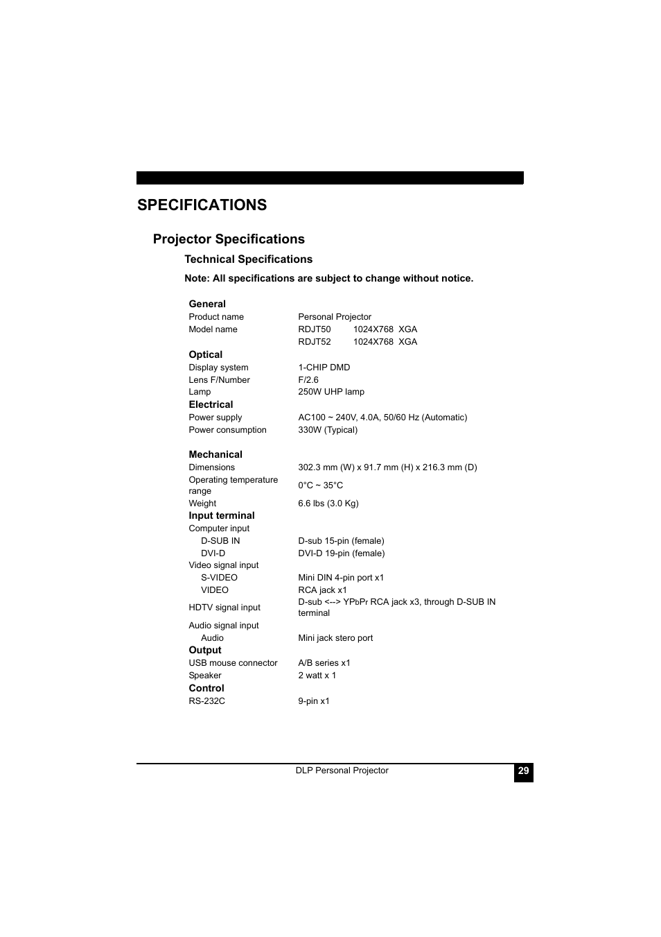 Specifications, Projector specifications | LG RDJT52 1024X768 XGA User Manual | Page 33 / 36
