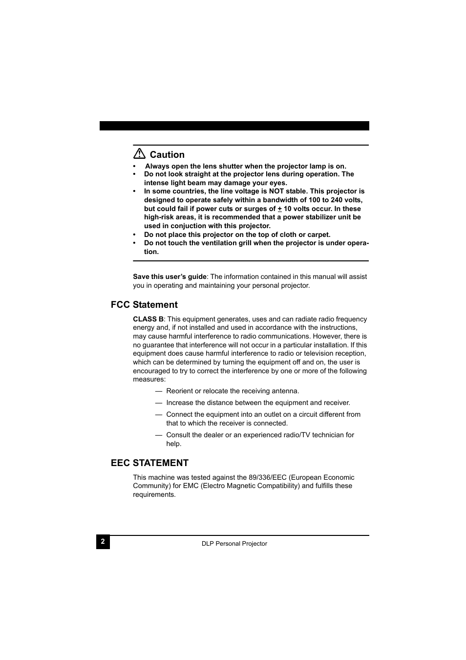 Fcc statement, Eec statement, Fcc statement eec statement | Caution | LG RDJT52 1024X768 XGA User Manual | Page 6 / 36