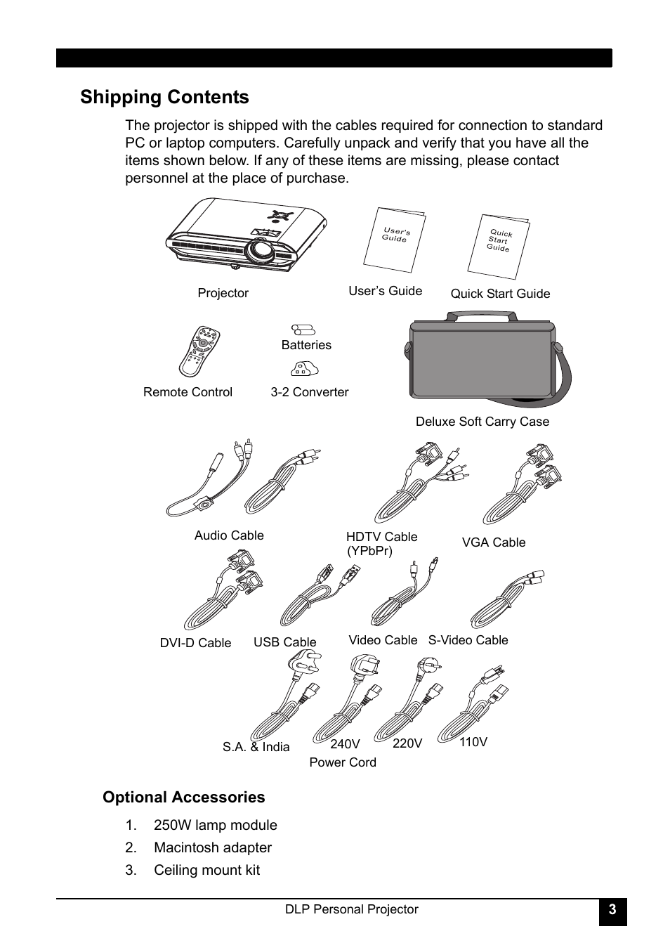 Shipping contents, Optional accessories | LG RDJT52 1024X768 XGA User Manual | Page 7 / 36