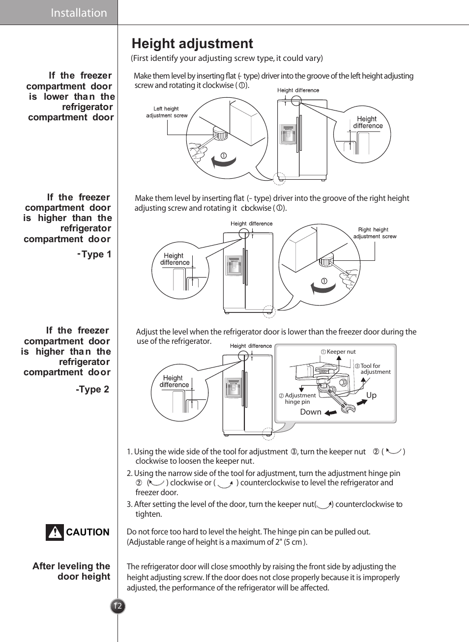 Height adjustment, Installation | LG LSC27926TT User Manual | Page 12 / 30