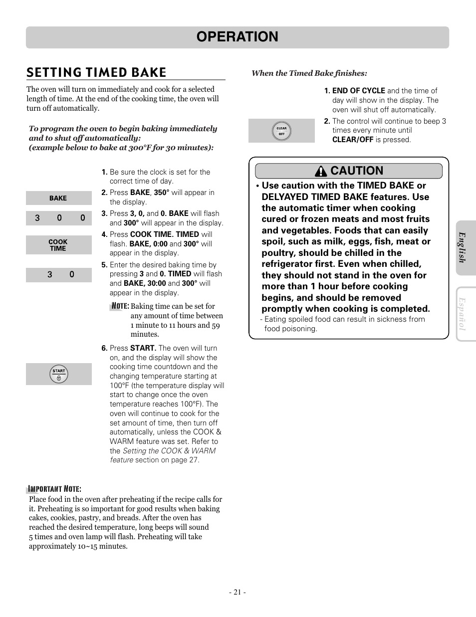 Operation, Setting timed bake, Caution | LG LRE30757ST User Manual | Page 21 / 40