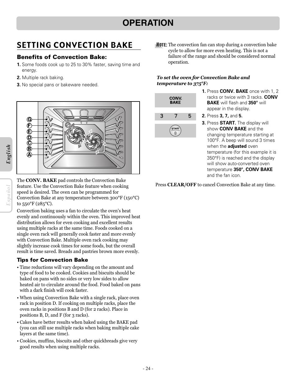 Operation, Setting convection bake | LG LRE30757ST User Manual | Page 24 / 40