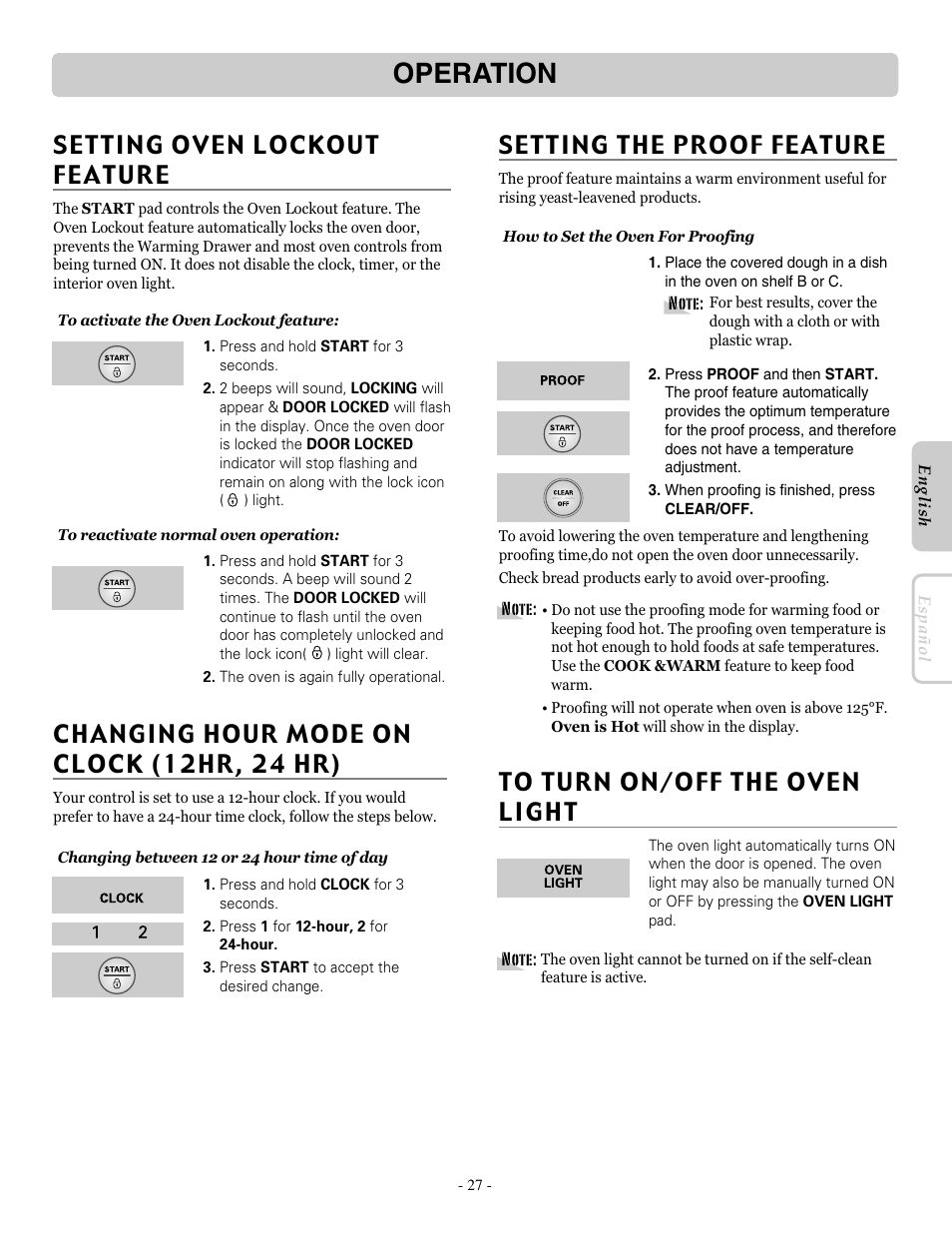 Operation, Setting the proof feature, Changing hour mode on clock (12hr, 24 hr) | LG LRE30757ST User Manual | Page 27 / 40
