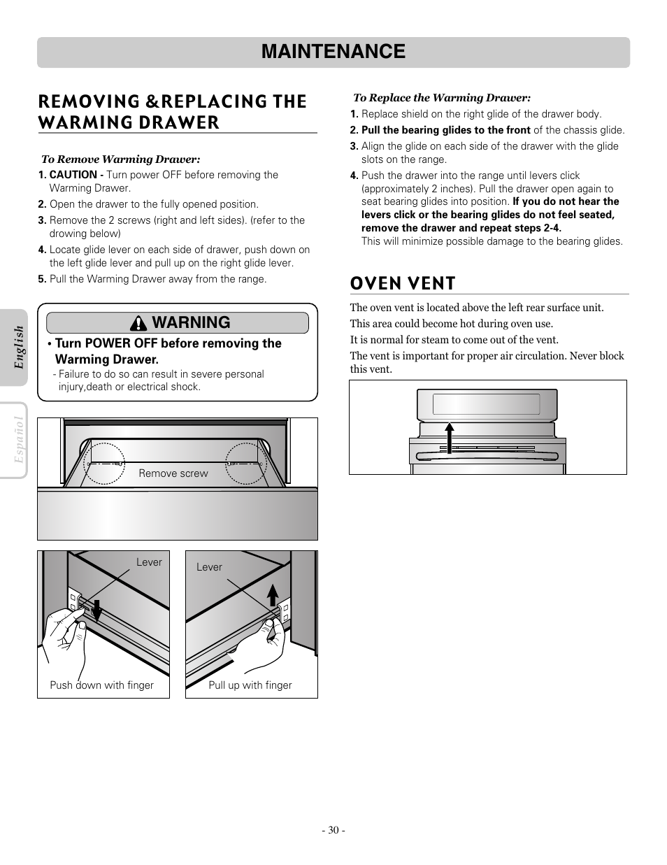 Maintenance, Removing &replacing the warming drawer, Warning | LG LRE30757ST User Manual | Page 30 / 40