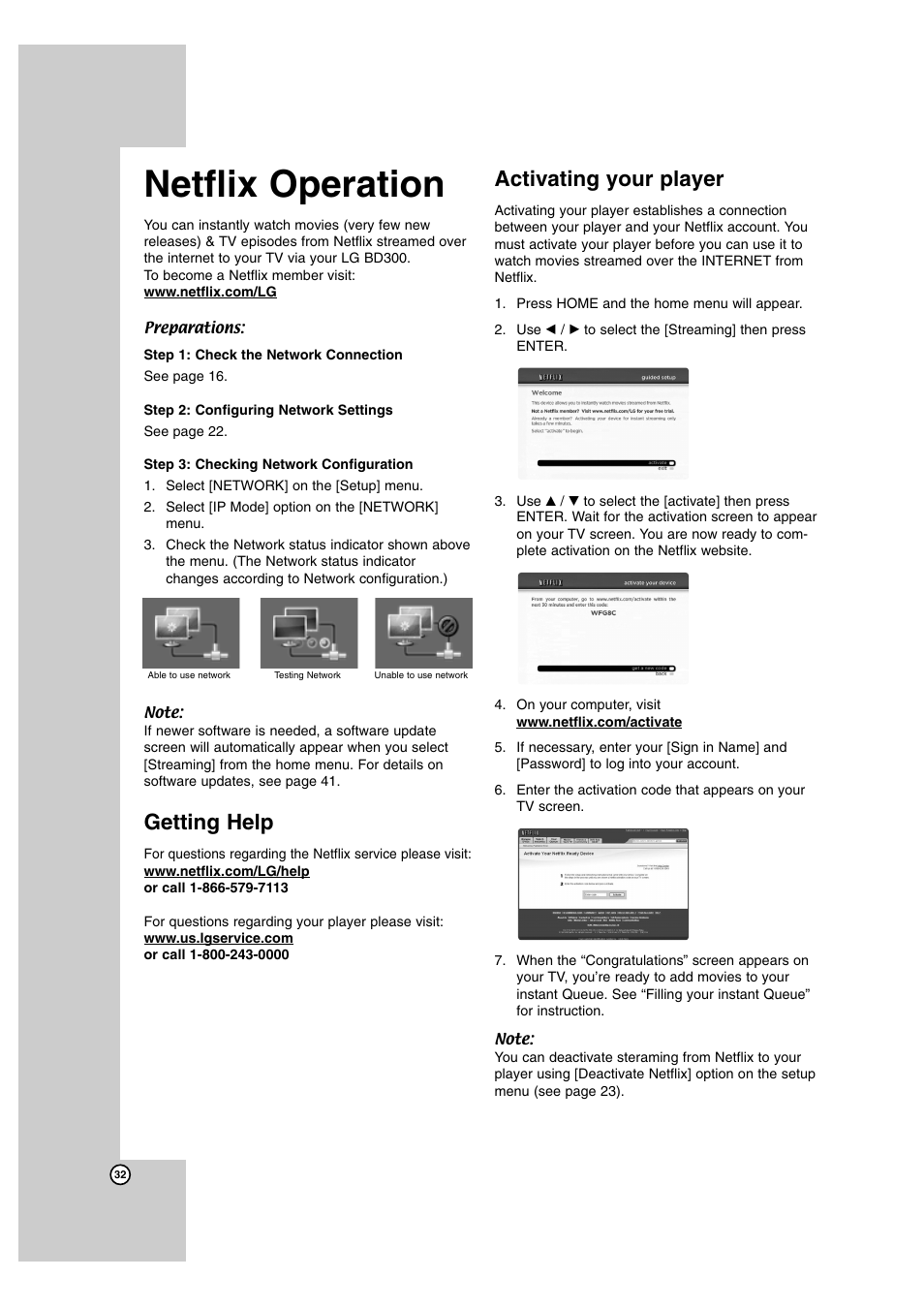 Netflix operation, Getting help, Activating your player | LG BD300 User Manual | Page 32 / 44