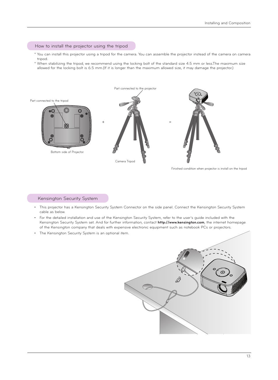 How to install the projector using the tripod, Kensington security system | LG HX301G User Manual | Page 13 / 44