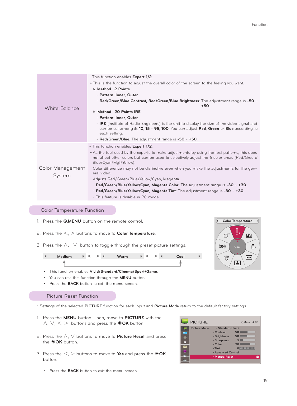 Color temperature function, Picture reset function, White balance | Color management system | LG HX301G User Manual | Page 19 / 44