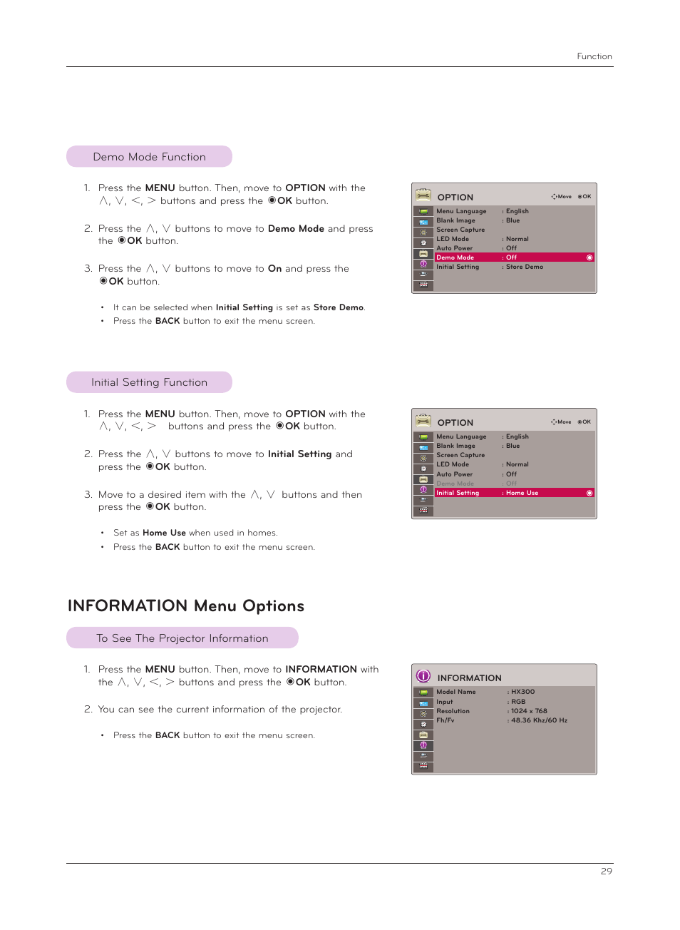 Demo mode function, Initial setting function, Information menu options | To see the projector information, Initial setting function demo mode function | LG HX301G User Manual | Page 29 / 44