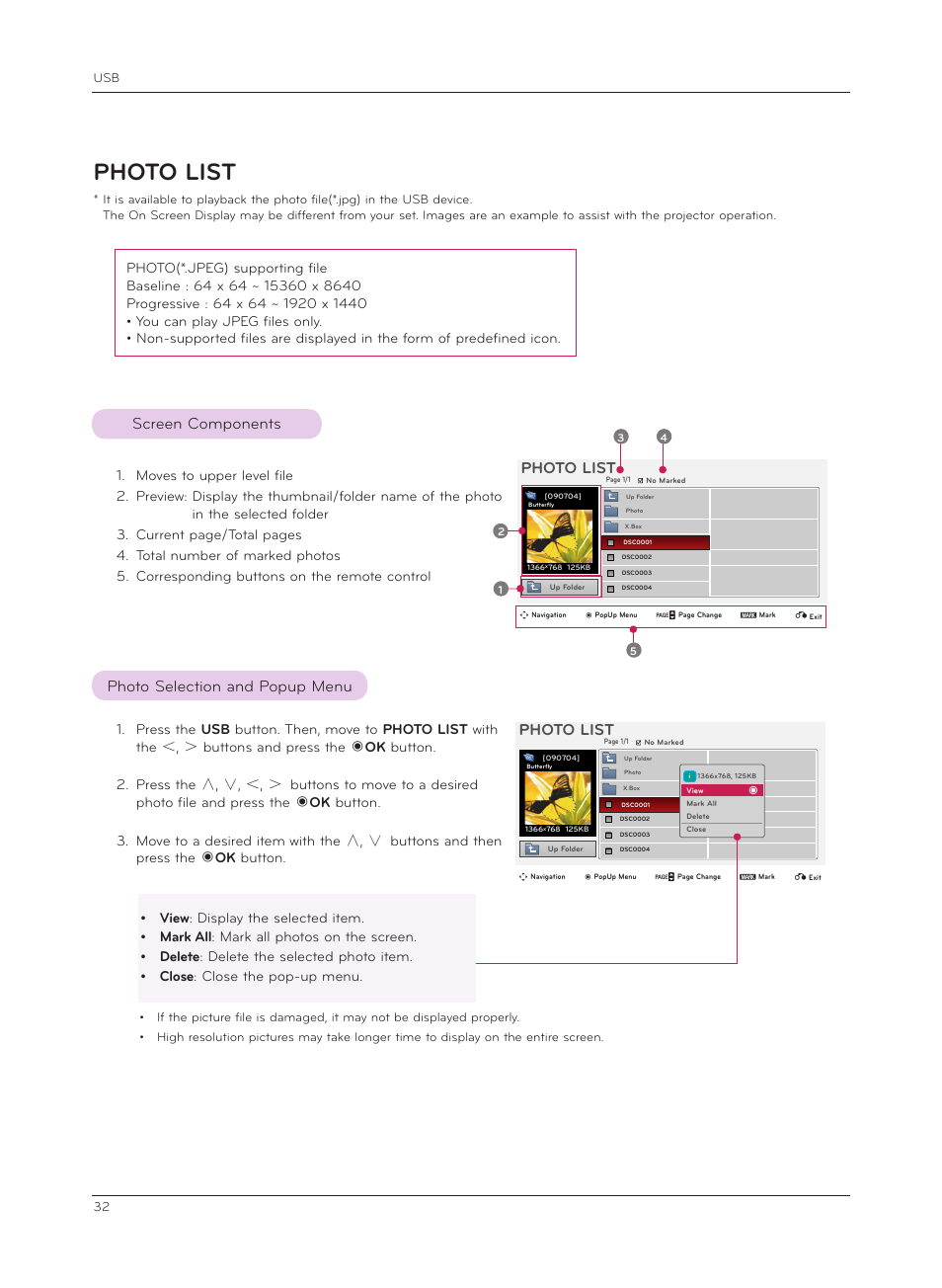 Photo list, Screen components, Photo selection and popup menu | Photo lis, Screen components photo selection and popup menu | LG HX301G User Manual | Page 32 / 44