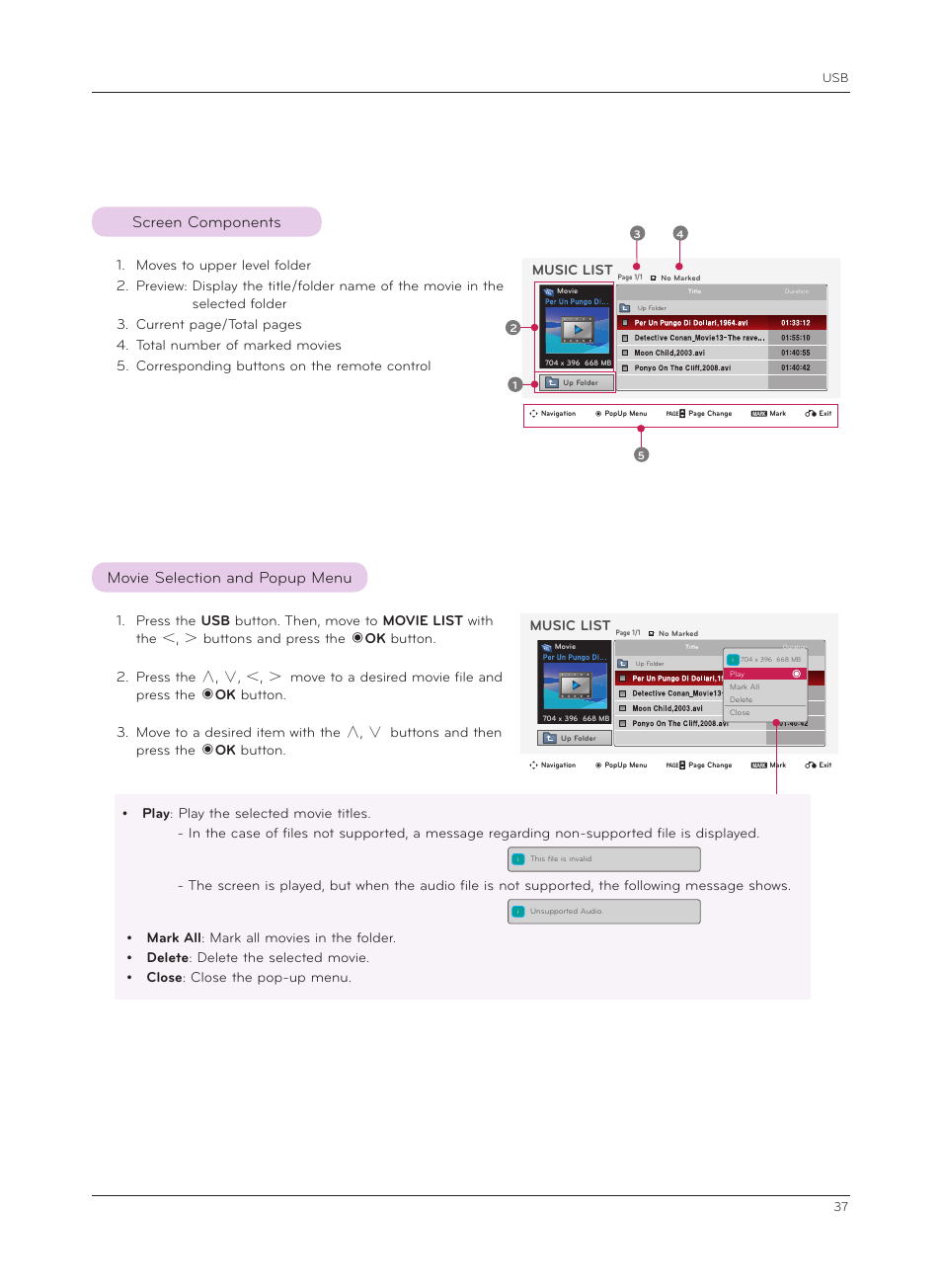 Screen components, Movie selection and popup menu, Movie selection and popup menu screen components | LG HX301G User Manual | Page 37 / 44