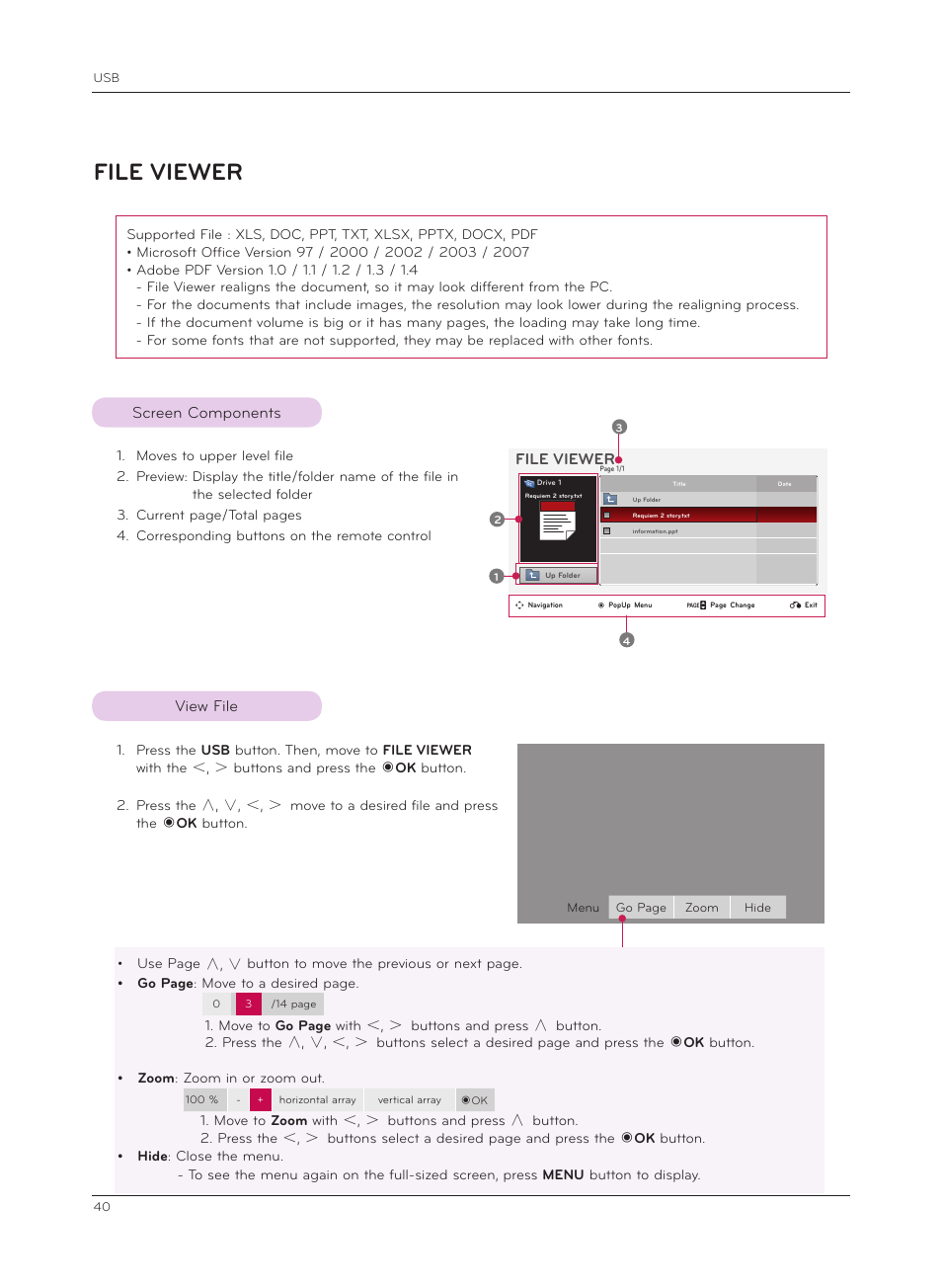 File viewer, Screen components, View file | File | LG HX301G User Manual | Page 40 / 44