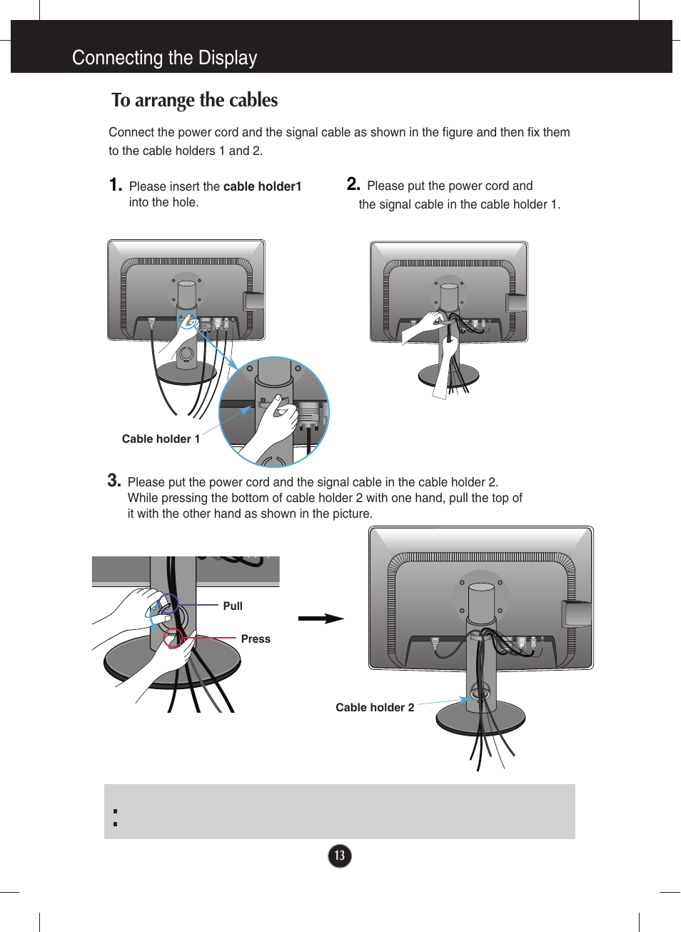 To arrange the cables, Connecting the display to arrange the cables | LG E2711PY User Manual | Page 15 / 34