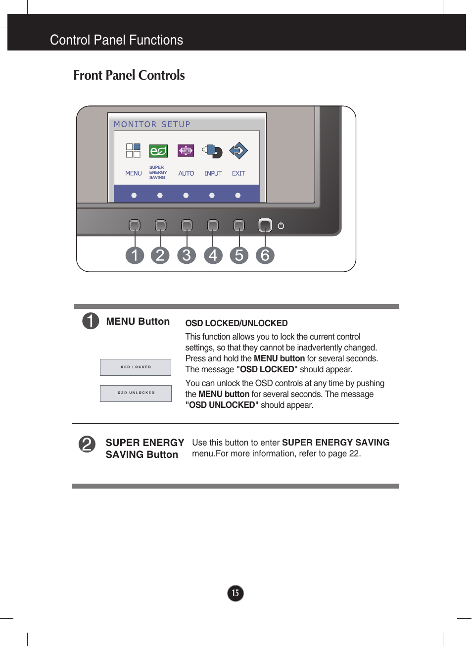 Control panel functions, Front panel controls, Control panel functions front panel controls | LG E2711PY User Manual | Page 17 / 34