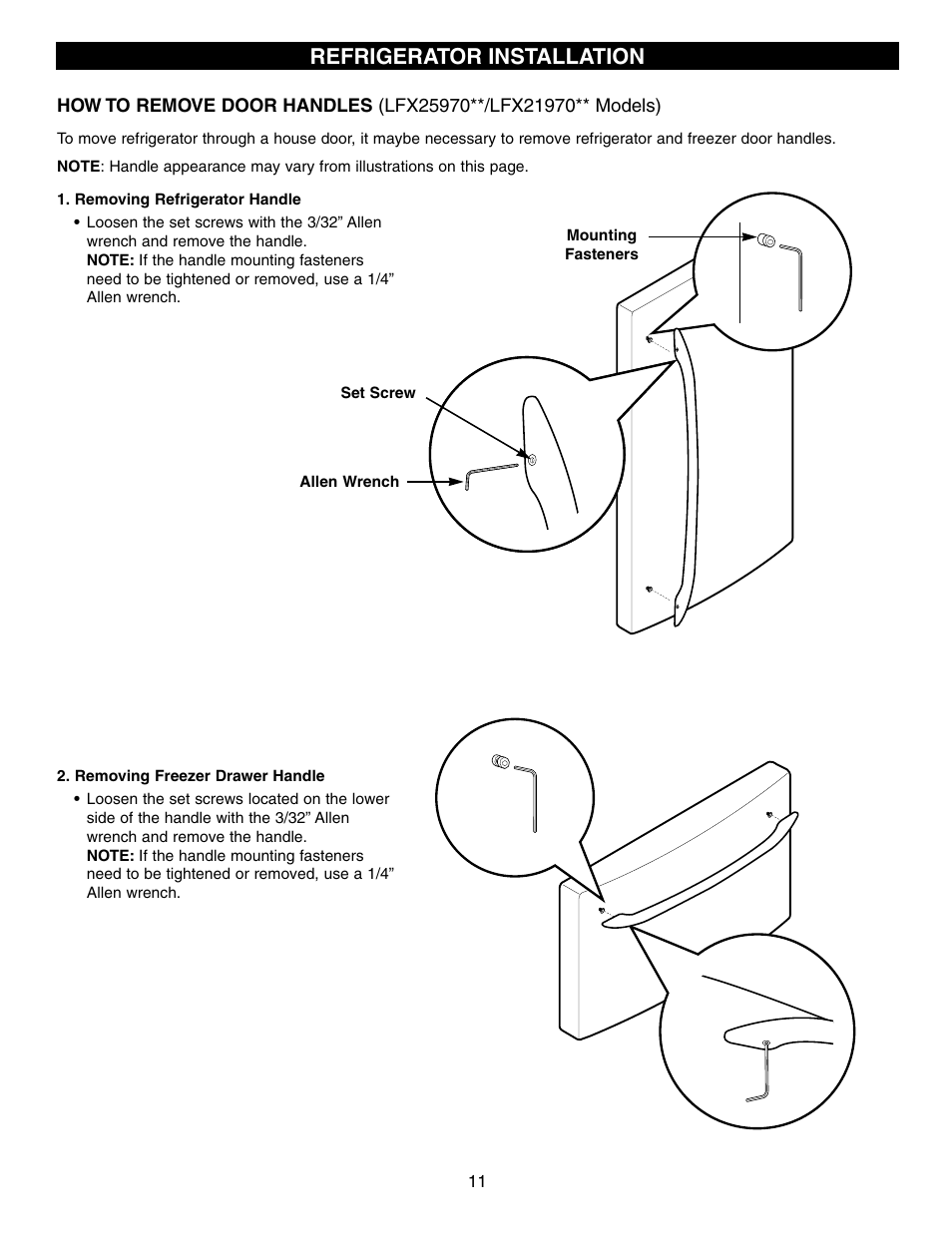 Refrigerator installation | LG LFX25960 User Manual | Page 11 / 40