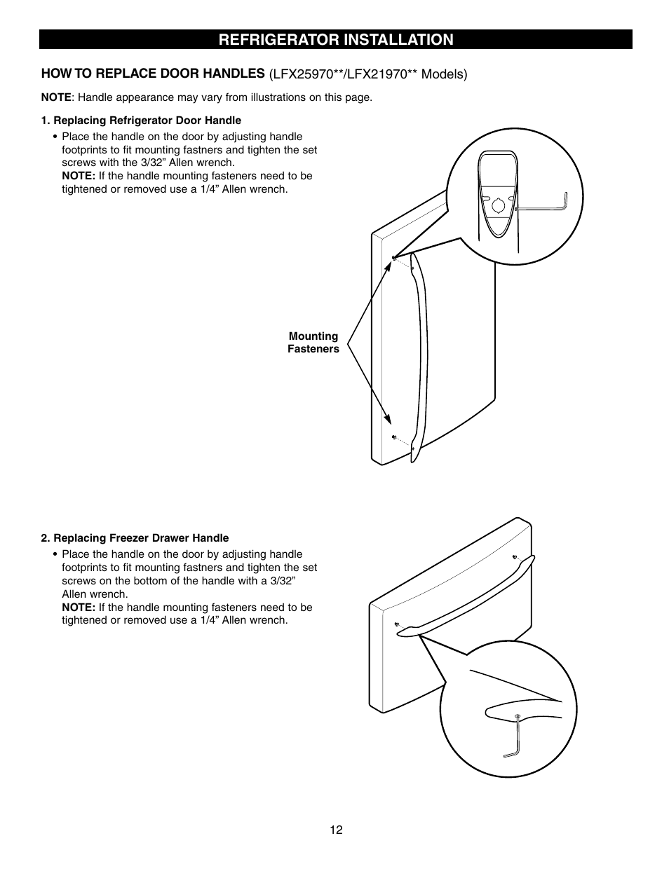 Refrigerator installation | LG LFX25960 User Manual | Page 12 / 40