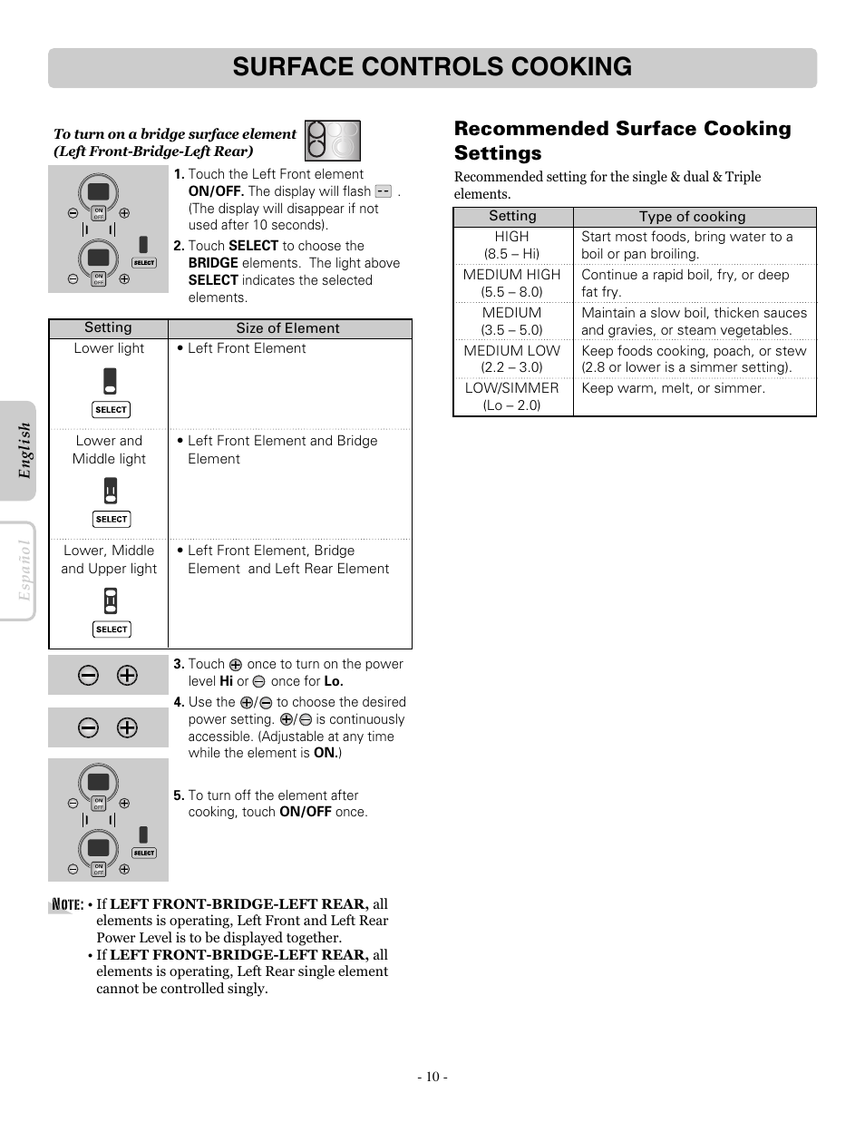 Surface controls cooking, Recommended surface cooking settings | LG LRE30955ST User Manual | Page 10 / 88