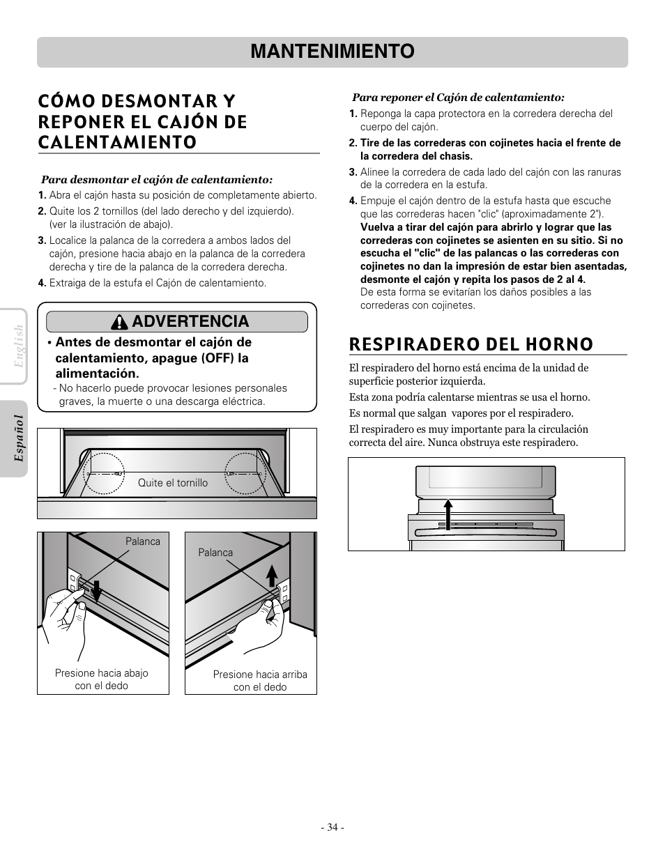 Mantenimiento, Respiradero del horno, Cómo desmontar y reponer el cajón de calentamiento | Advertencia | LG LRE30955ST User Manual | Page 78 / 88