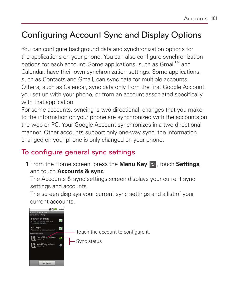 Configuring account sync and display options | LG AS740 User Manual | Page 102 / 308