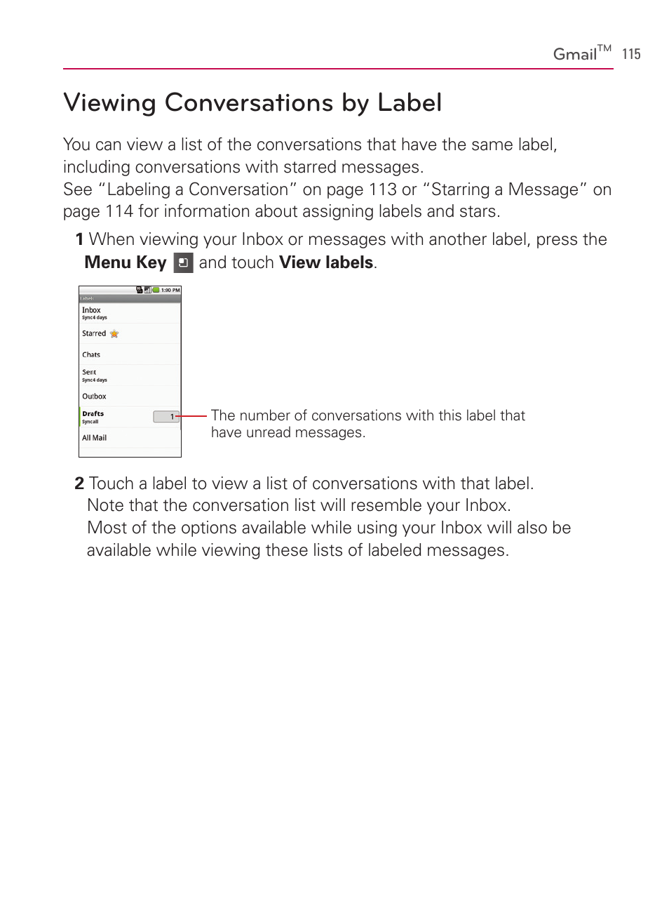 Viewing conversations by label | LG AS740 User Manual | Page 116 / 308