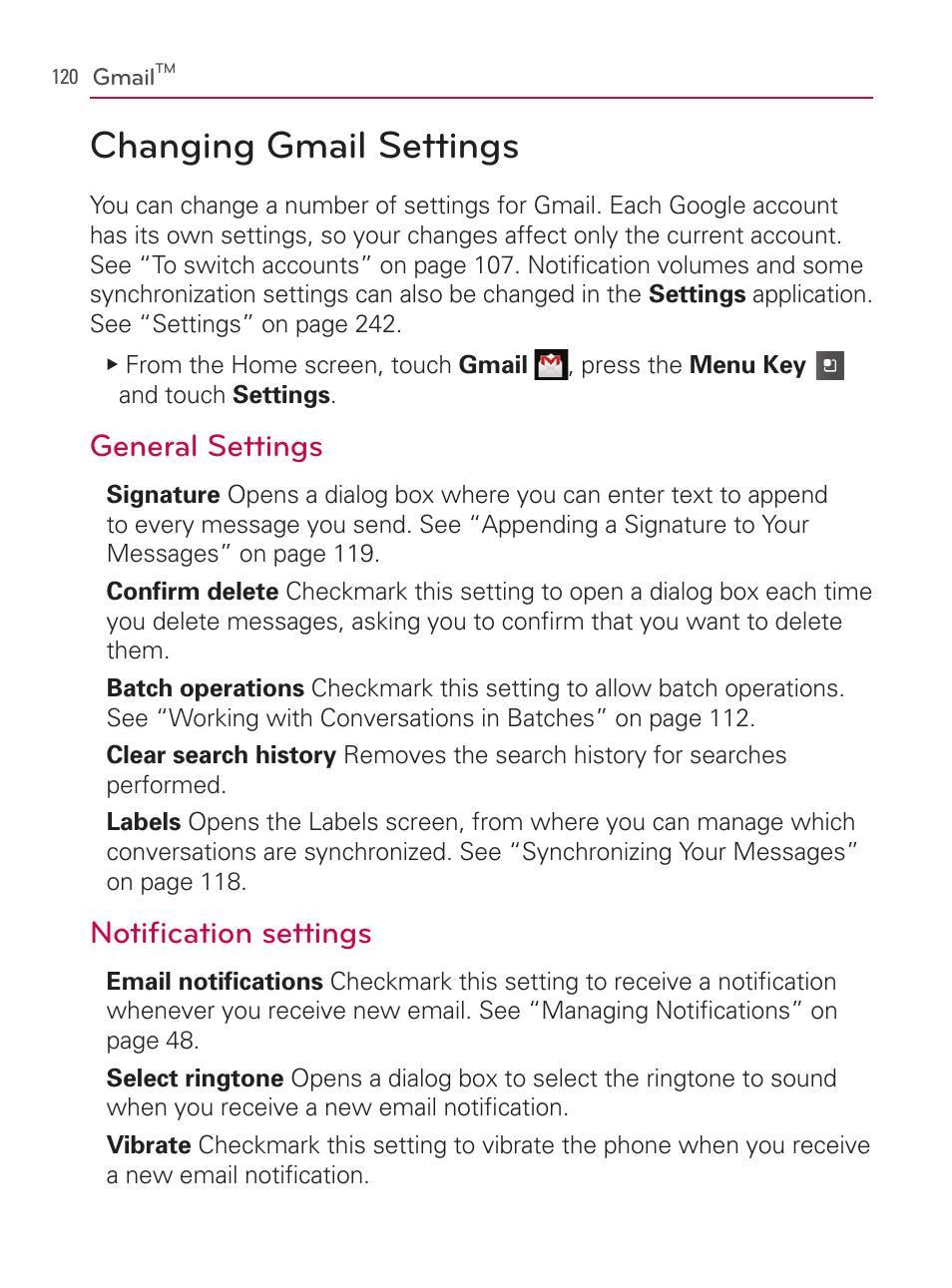 Changing gmail settings, General settings, Notification settings | LG AS740 User Manual | Page 121 / 308