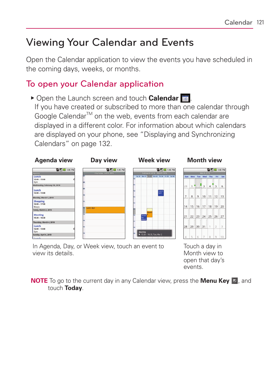 Calendar, Viewing your calendar and events | LG AS740 User Manual | Page 122 / 308