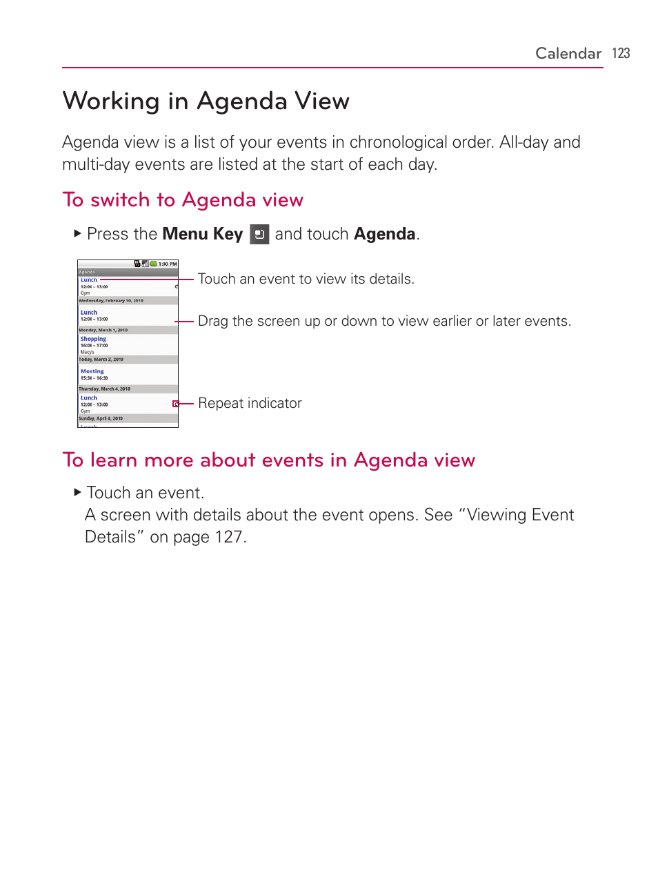 Working in agenda view | LG AS740 User Manual | Page 124 / 308