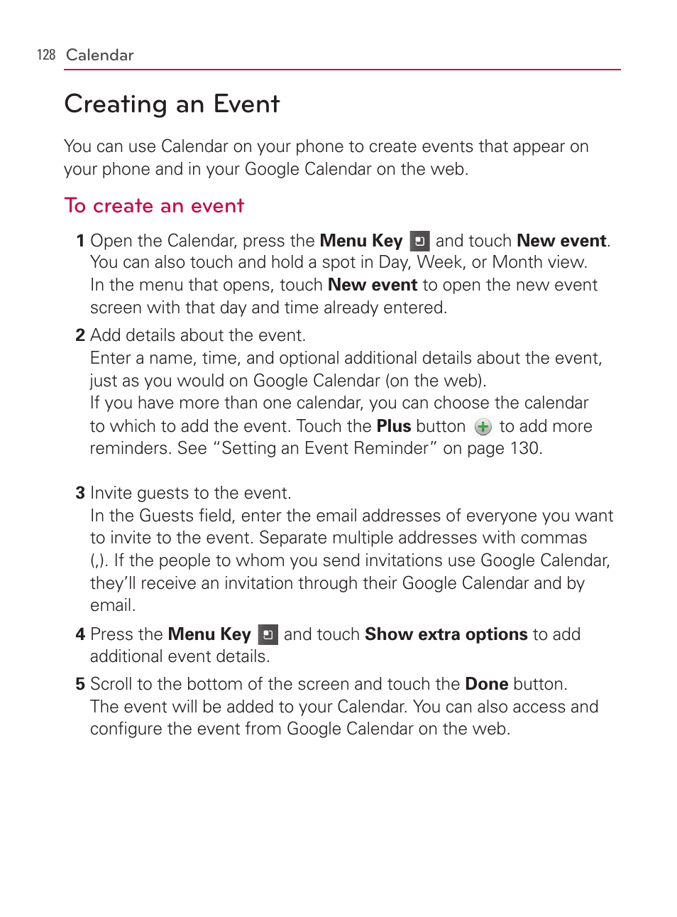 Creating an event | LG AS740 User Manual | Page 129 / 308