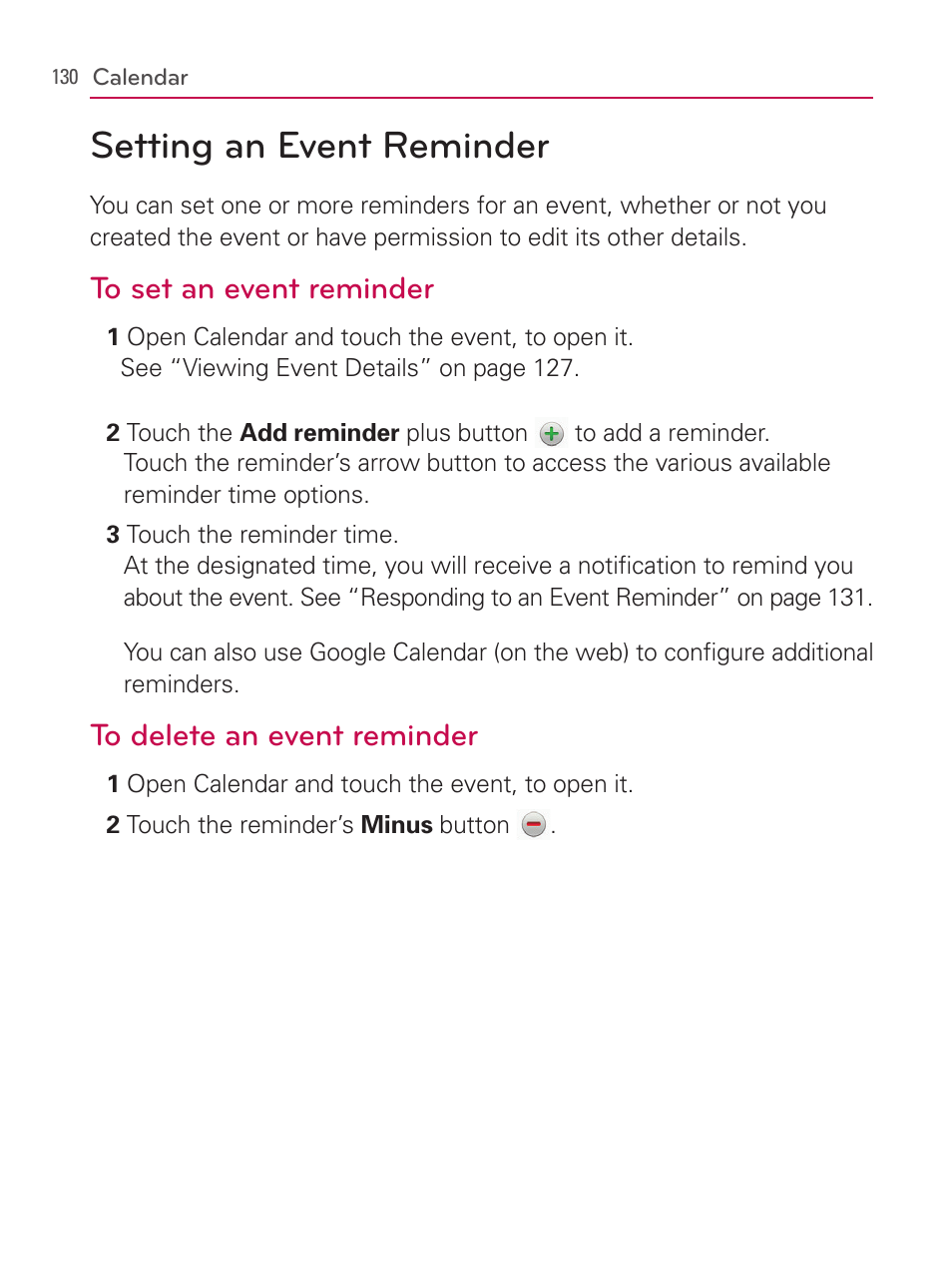 Setting an event reminder | LG AS740 User Manual | Page 131 / 308