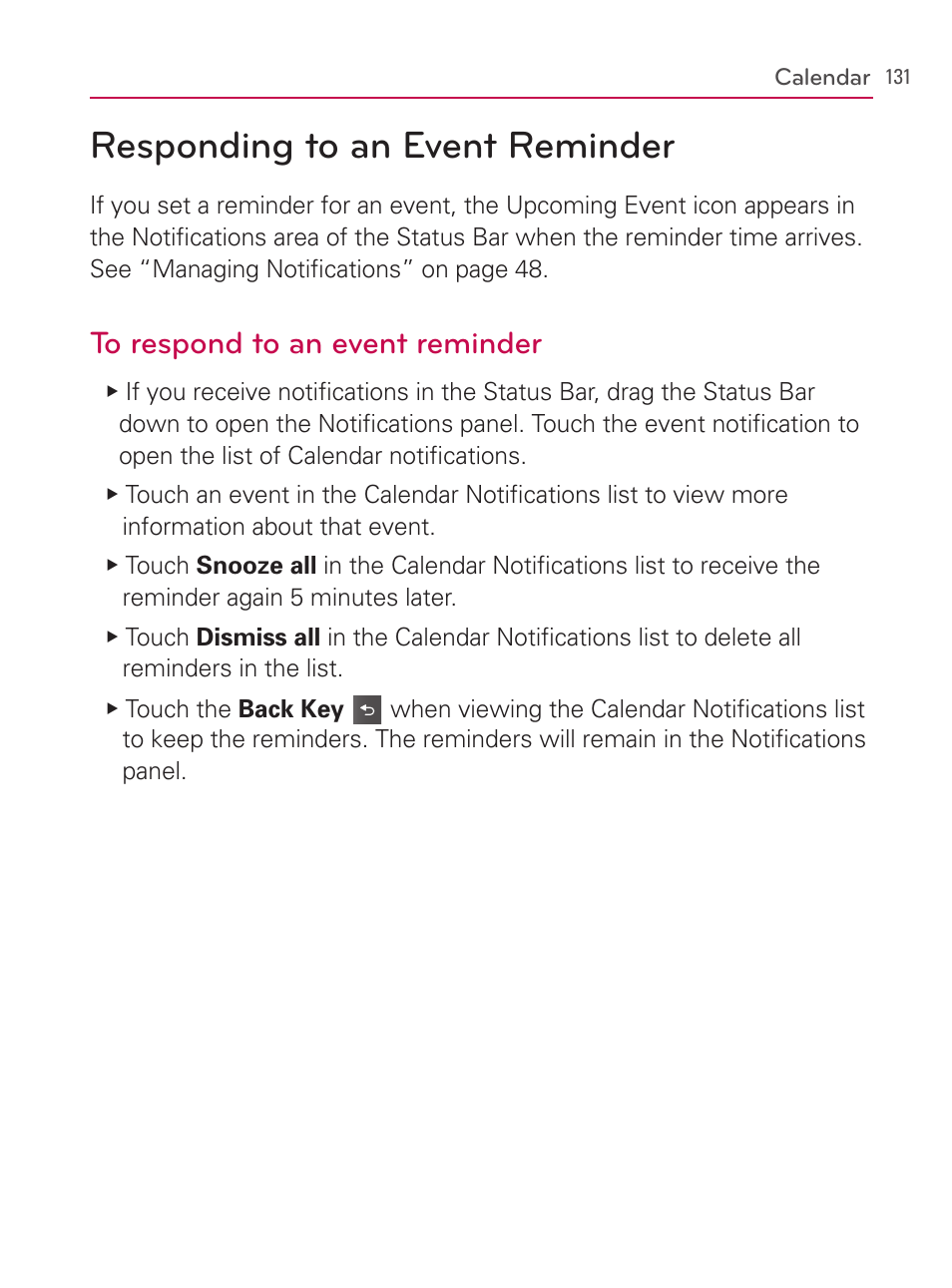 Responding to an event reminder | LG AS740 User Manual | Page 132 / 308