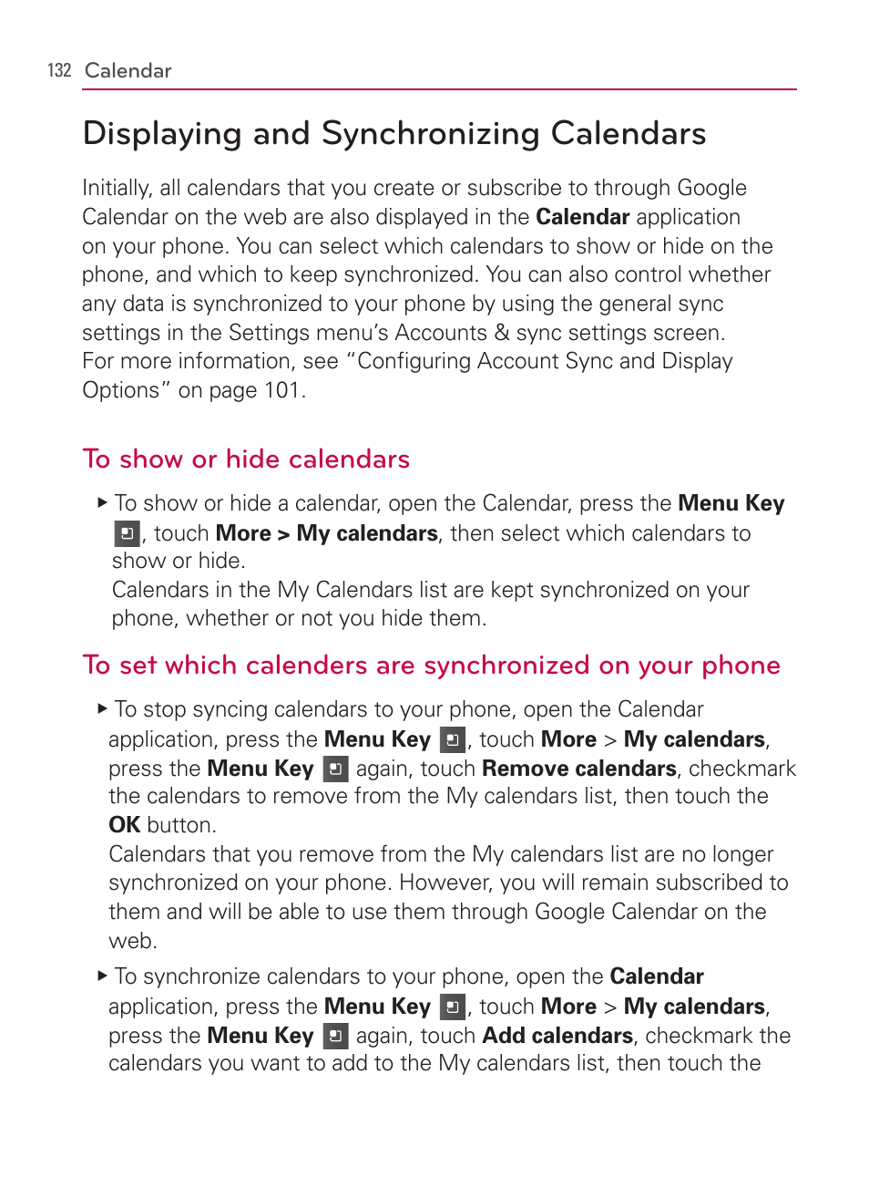 Displaying and synchronizing calendars | LG AS740 User Manual | Page 133 / 308