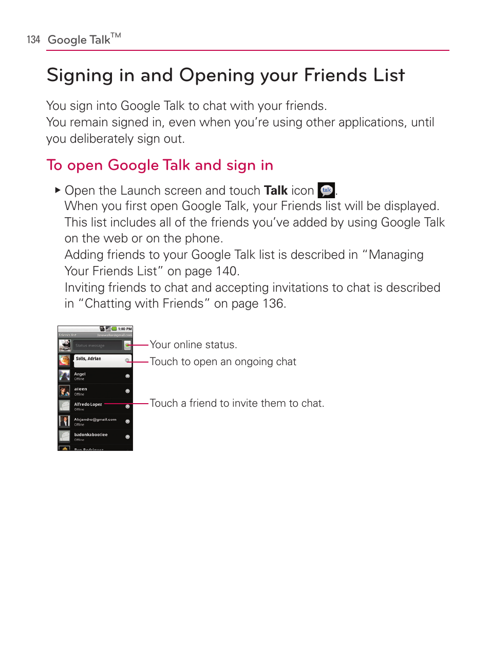 Google talk, Signing in and opening your friends lis, Signing in and opening your friends list | LG AS740 User Manual | Page 135 / 308