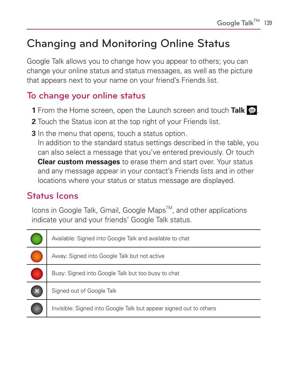 Changing and monitoring online status, Status icons | LG AS740 User Manual | Page 140 / 308