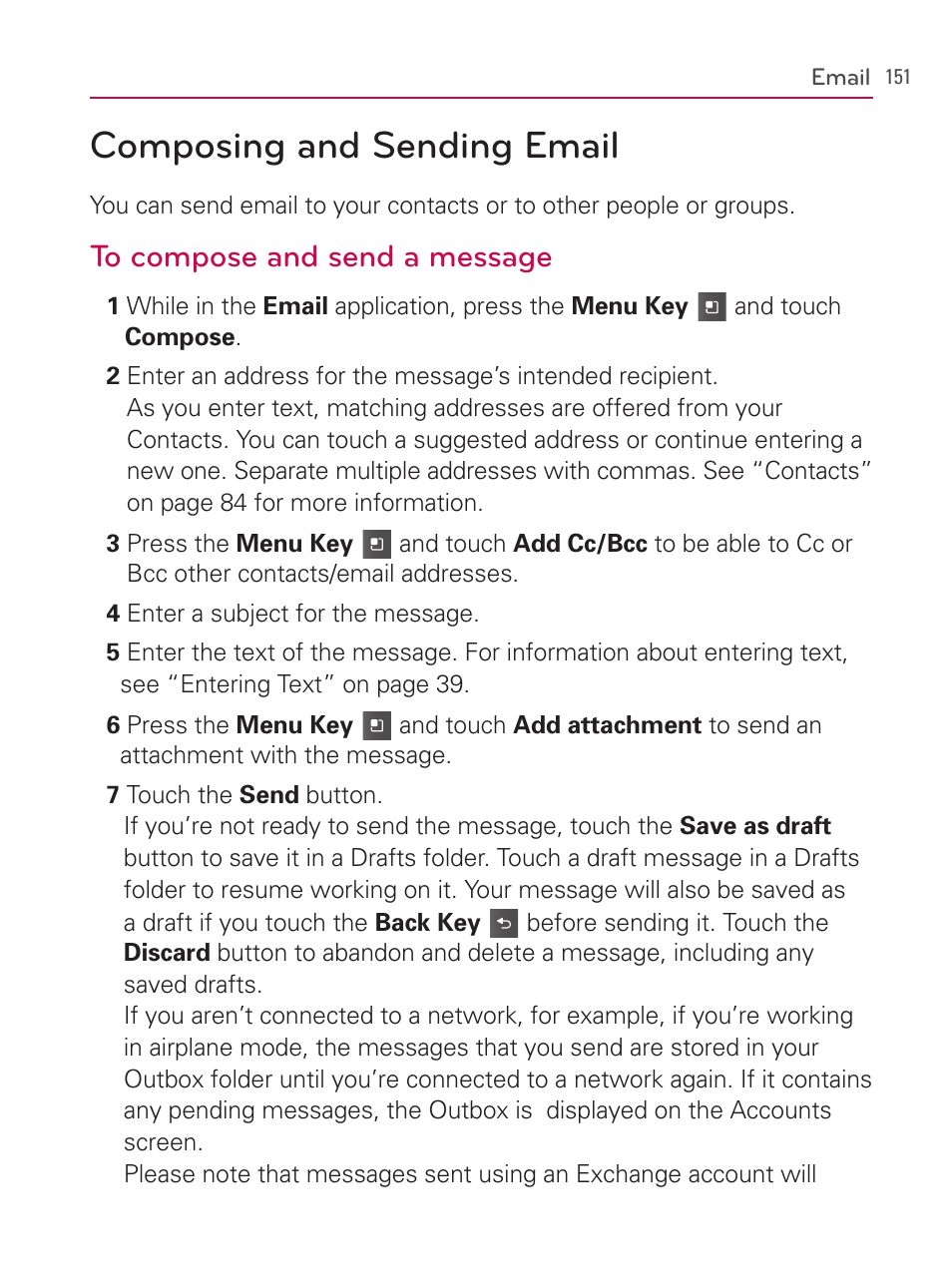 Composing and sending email | LG AS740 User Manual | Page 152 / 308