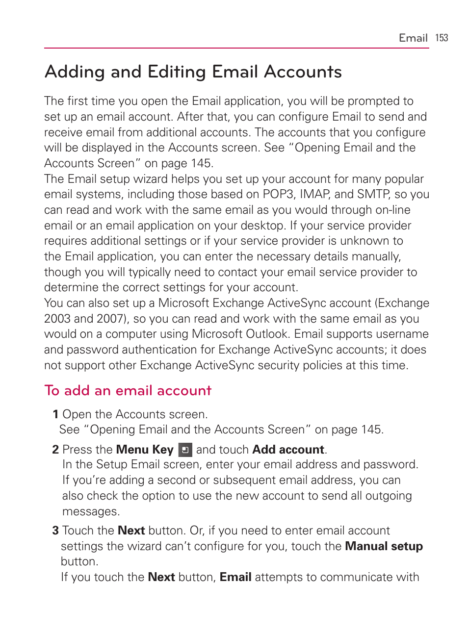 Adding and editing email accounts | LG AS740 User Manual | Page 154 / 308