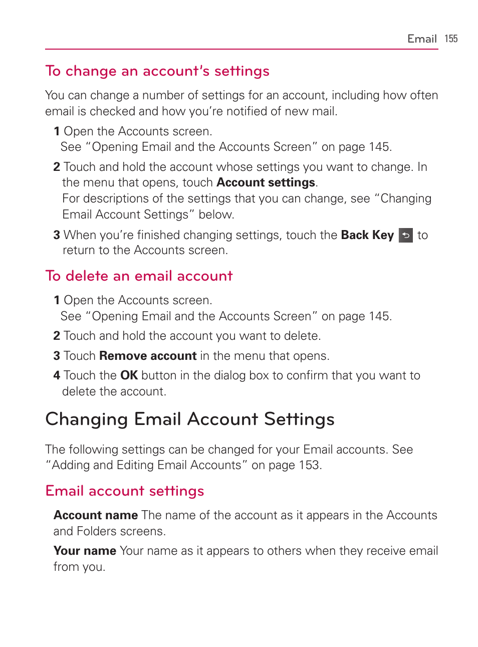 Changing email account settings, Email account settings | LG AS740 User Manual | Page 156 / 308